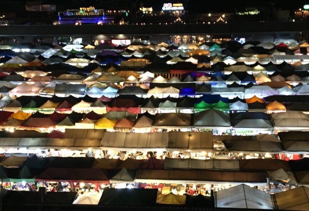 colorful tent roofs at night markets in Thailand