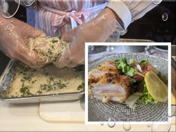 メインディッシュのコルドン・ブルーの料理行程を実演する手元と料理写真